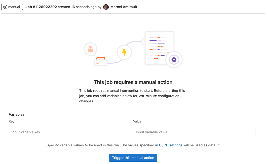 The run manual job page with fields for specifying CI/CD variables.