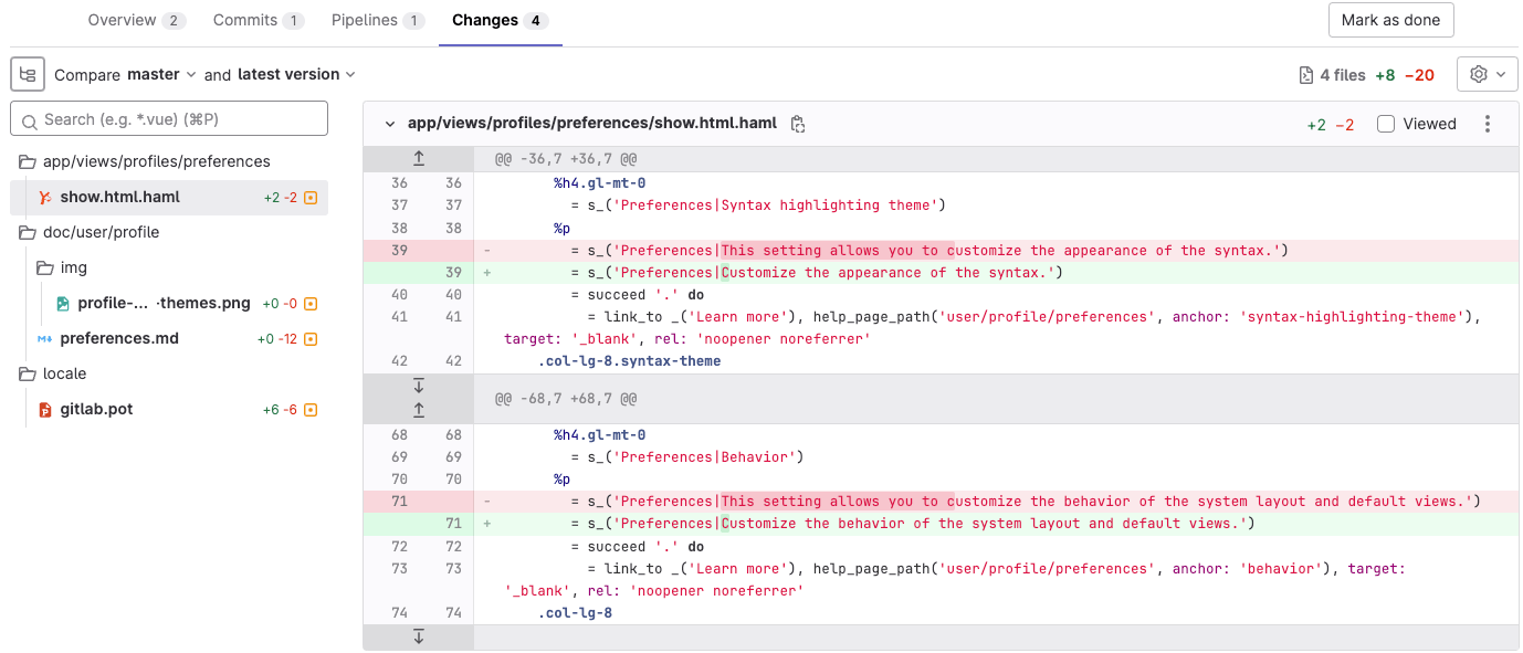 A snapshot of the changes made in the merge request, with differences highlighted in red and green