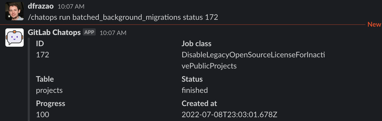 Output of the ChatOps command to know the progress and status of a specific batched background migration using MIGRATION_ID.