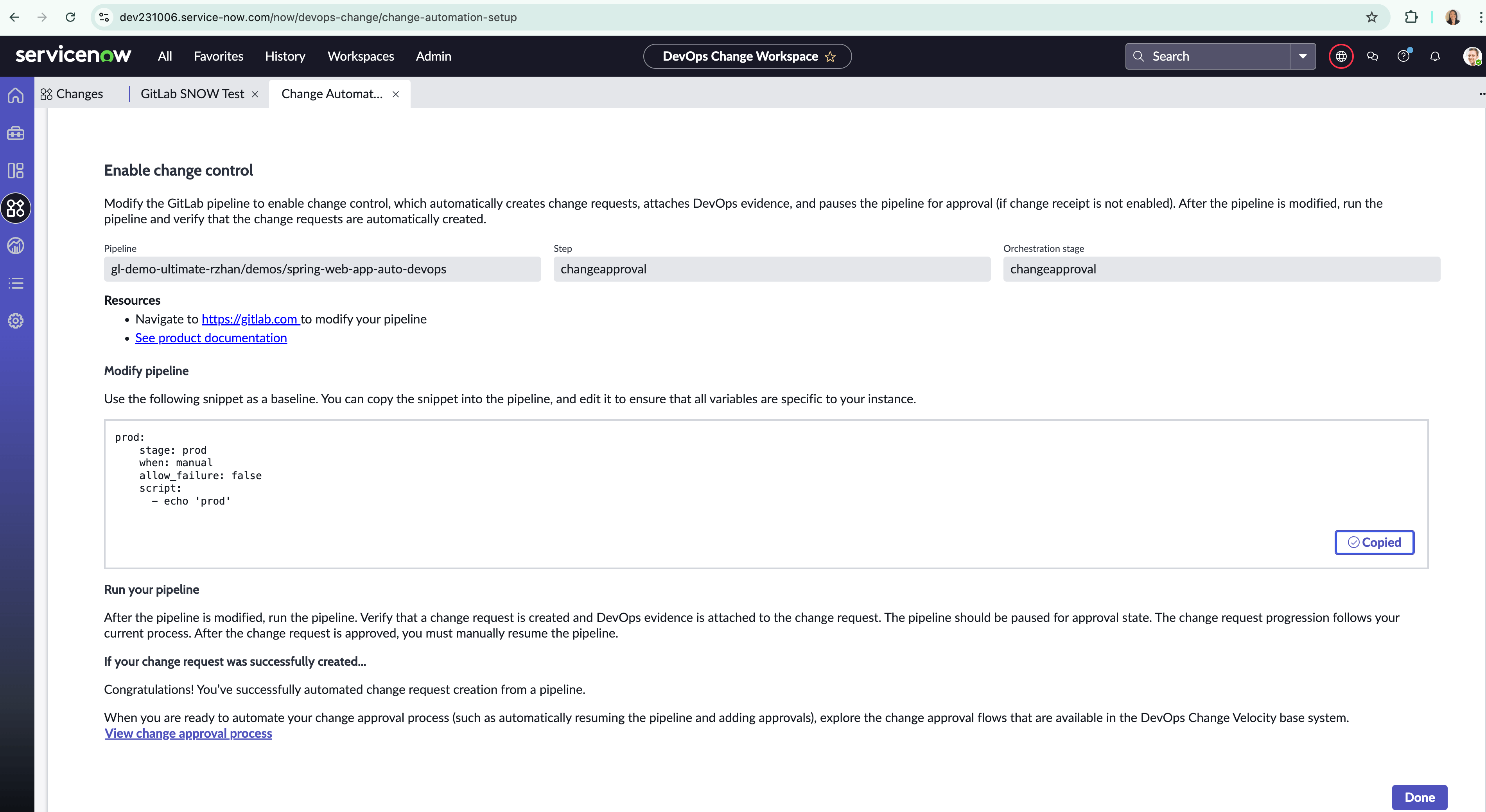 GitLab CI/CD pipeline job updated to support change control.