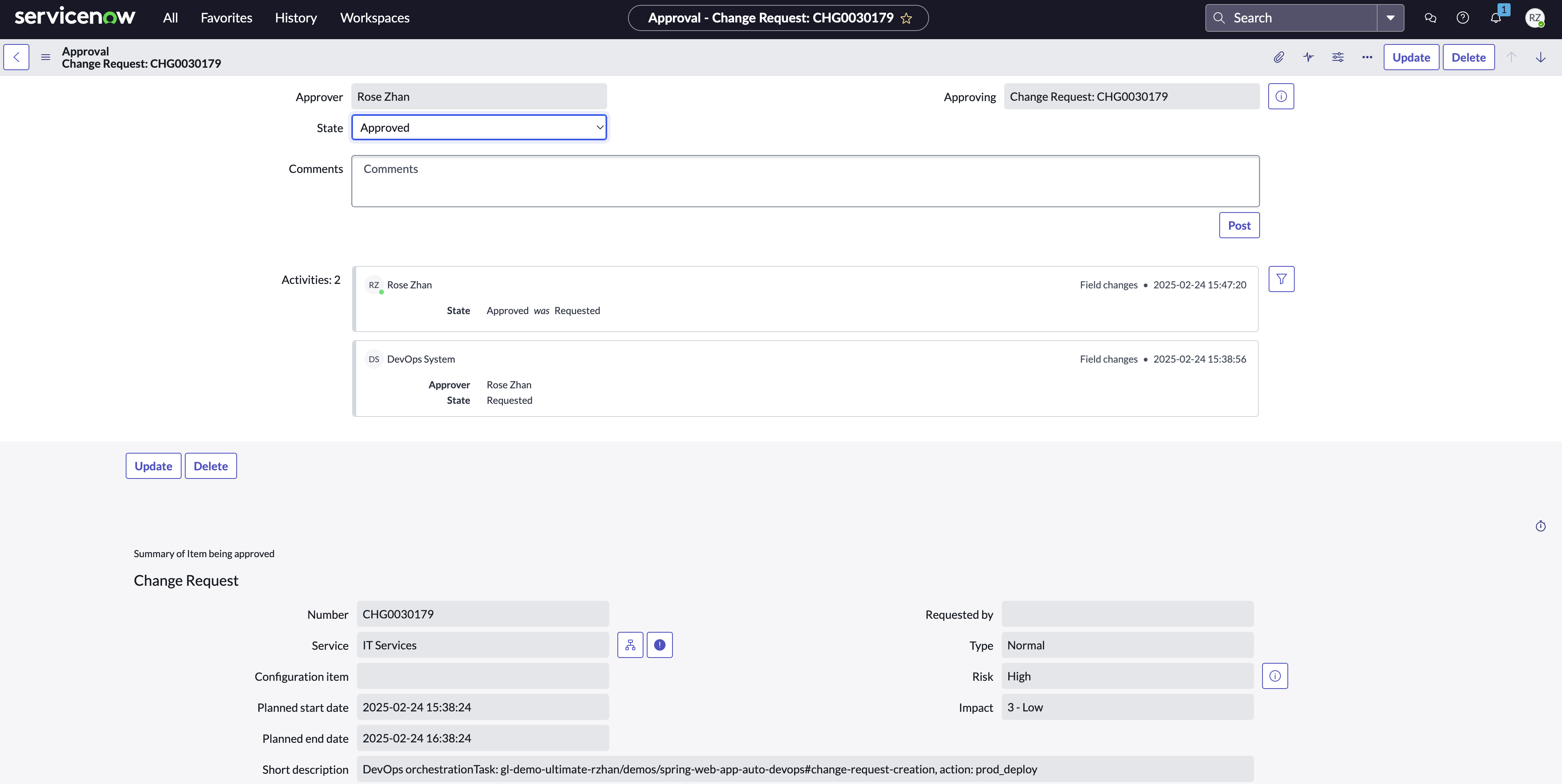 ServiceNow change request marked as approved.