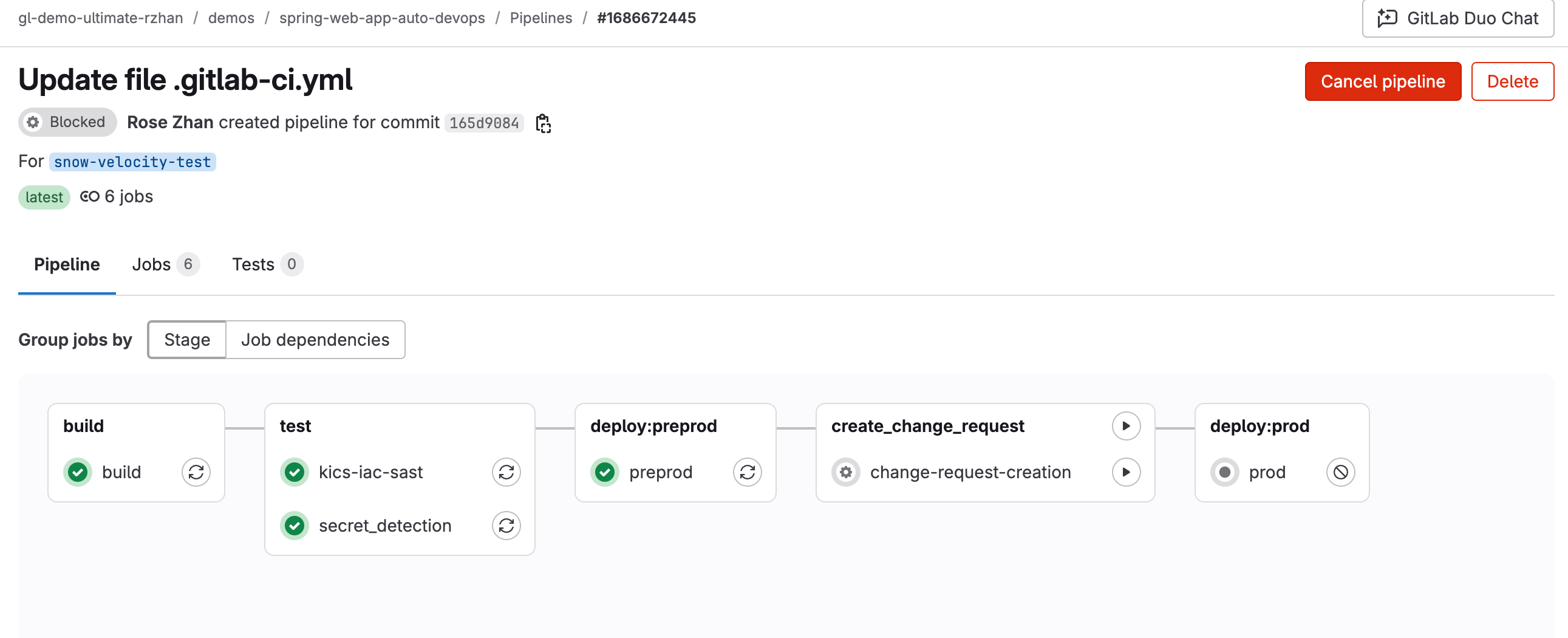 GitLab pipeline paused for change approval.