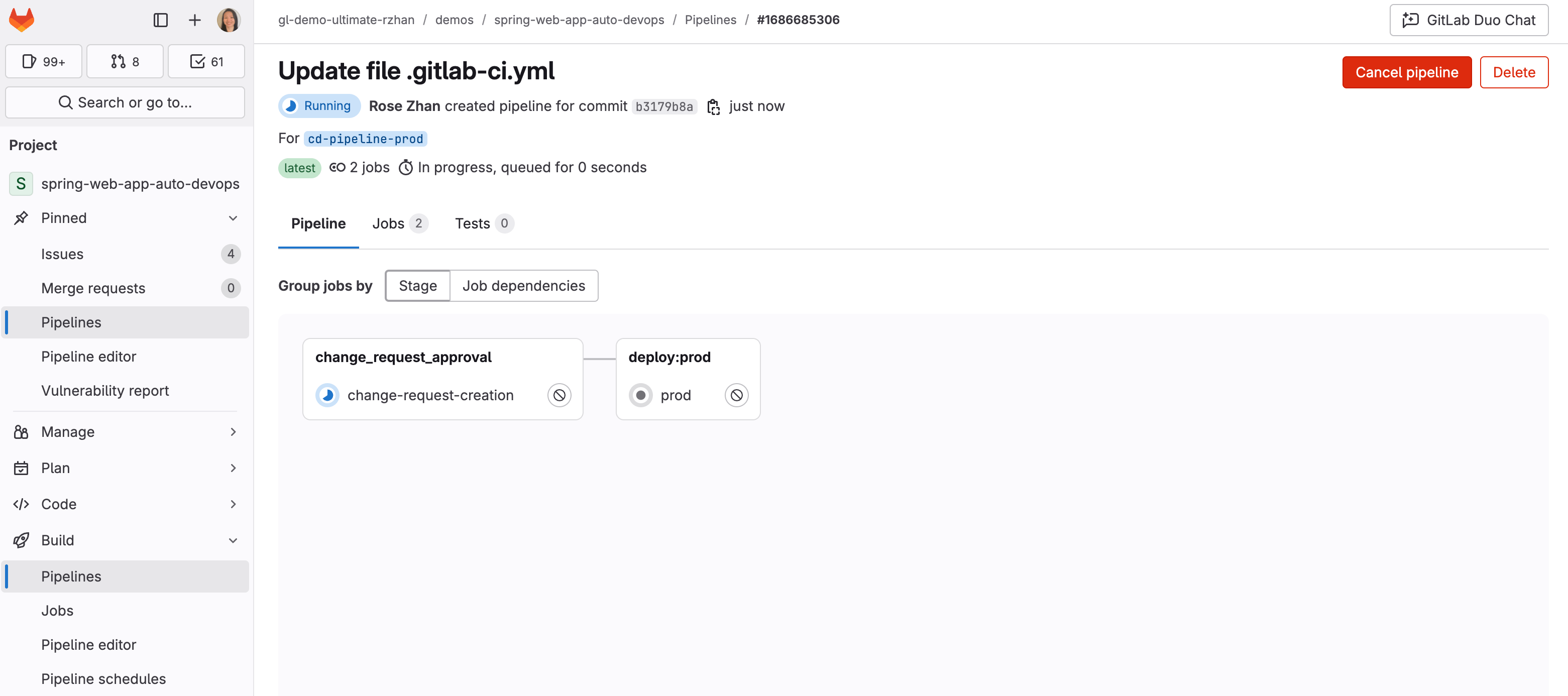 ServiceNow change request created with custom values from pipeline.