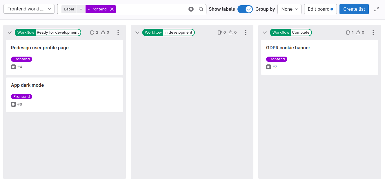 “Frontend workflow” issue board with two issues from “UX workflow” board in “Ready for development” column