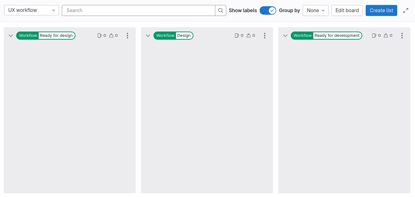 Empty “UX workflow” issue board with three workflow columns