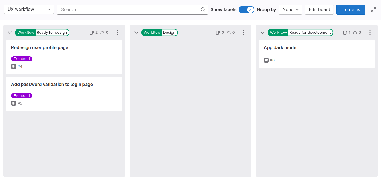 “UX workflow” issue board with three issues across three workflow columns