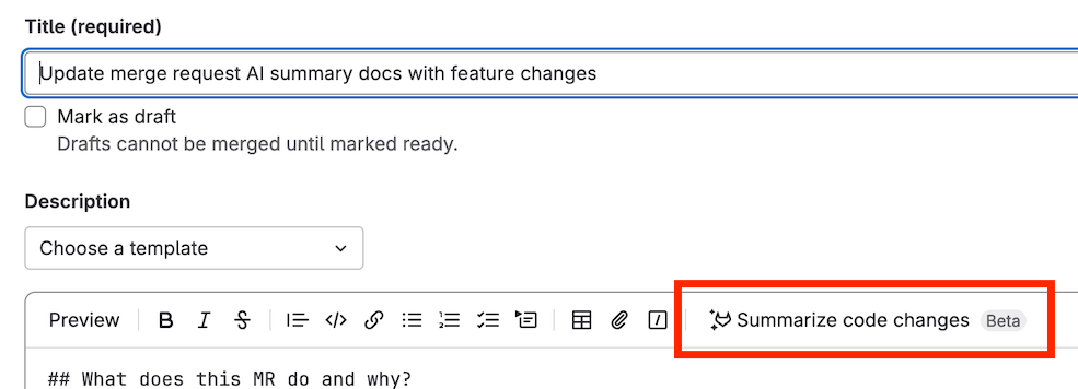 Above the text area, a toolbar displays a “Summarize code changes” button.