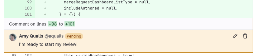An unpublished multi-line review comment shown as ‘Pending’.